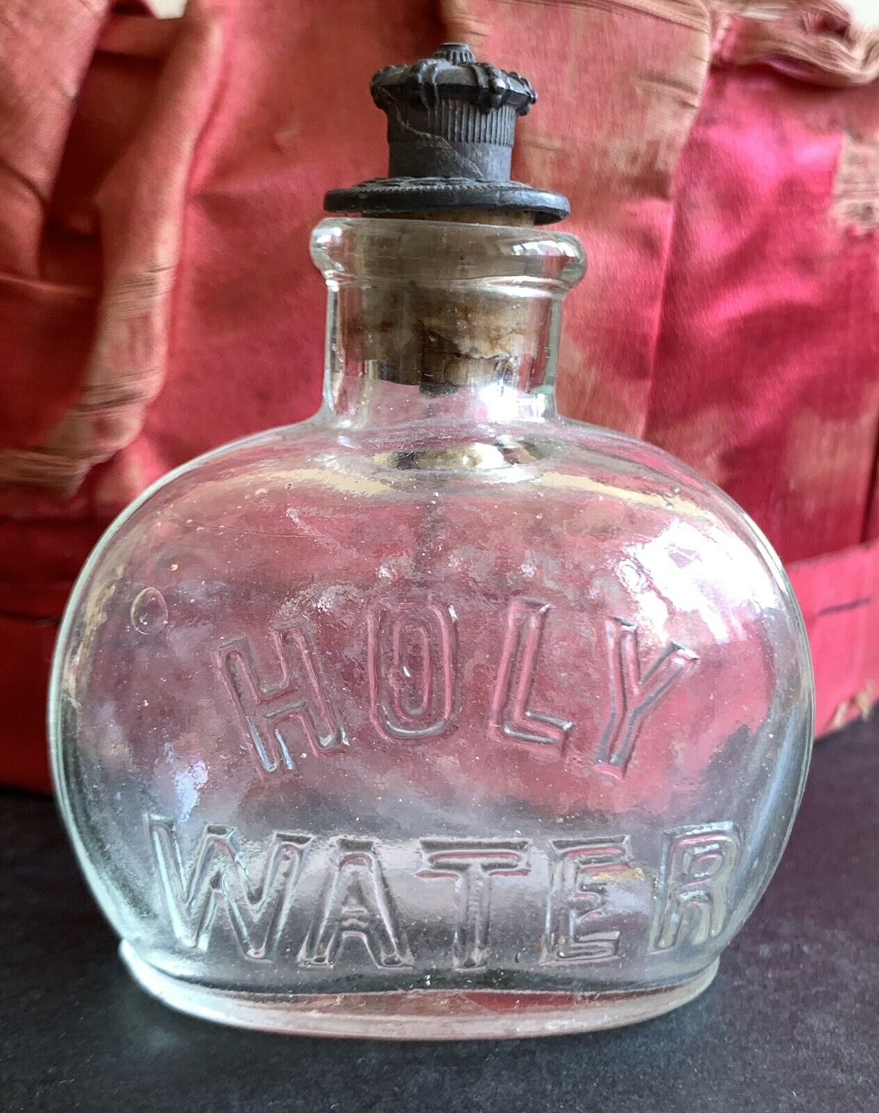 Antique holy water bottle crown stopper and crucifix