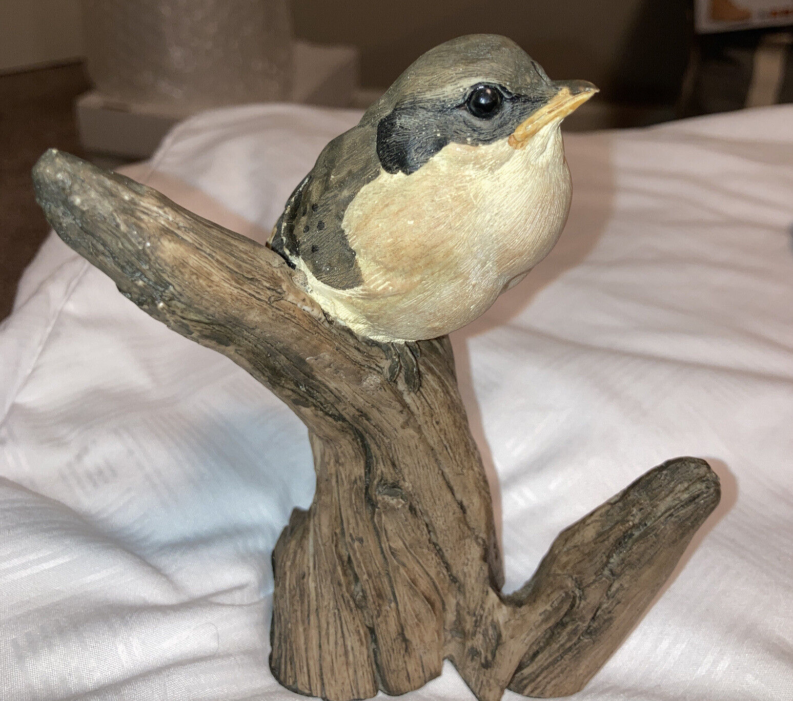 Sparrow Bird Figurine On Tree Stump Porcelain