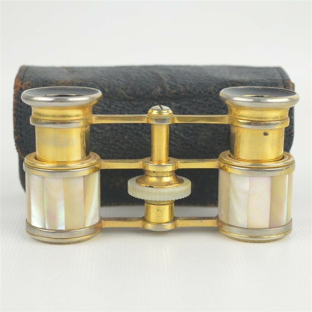 Antique Beautiful French Mother Of Pearl Ladies' Opera Glasses W/ Leather Case