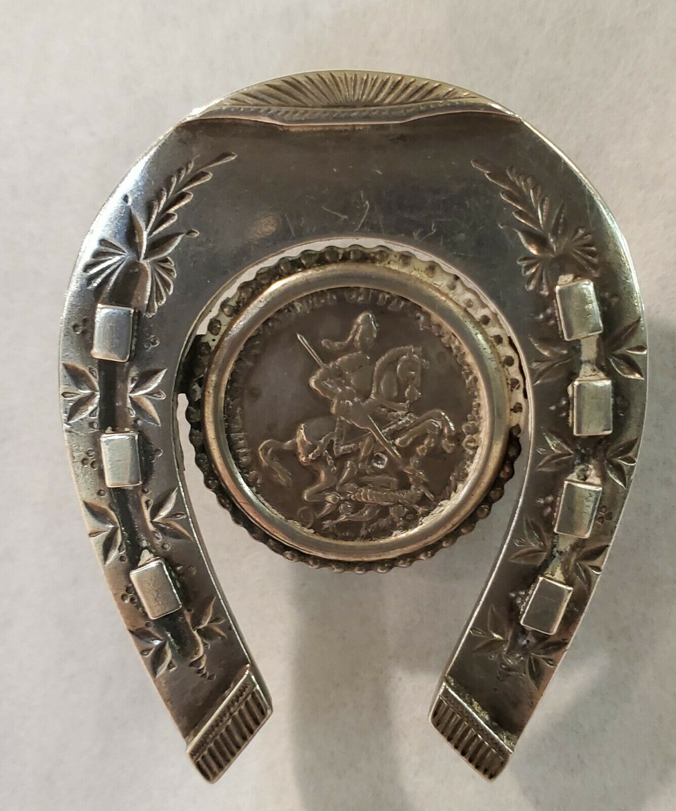 Victorian Silver Horseshoe With St. George Slaying the Dragon Brooch