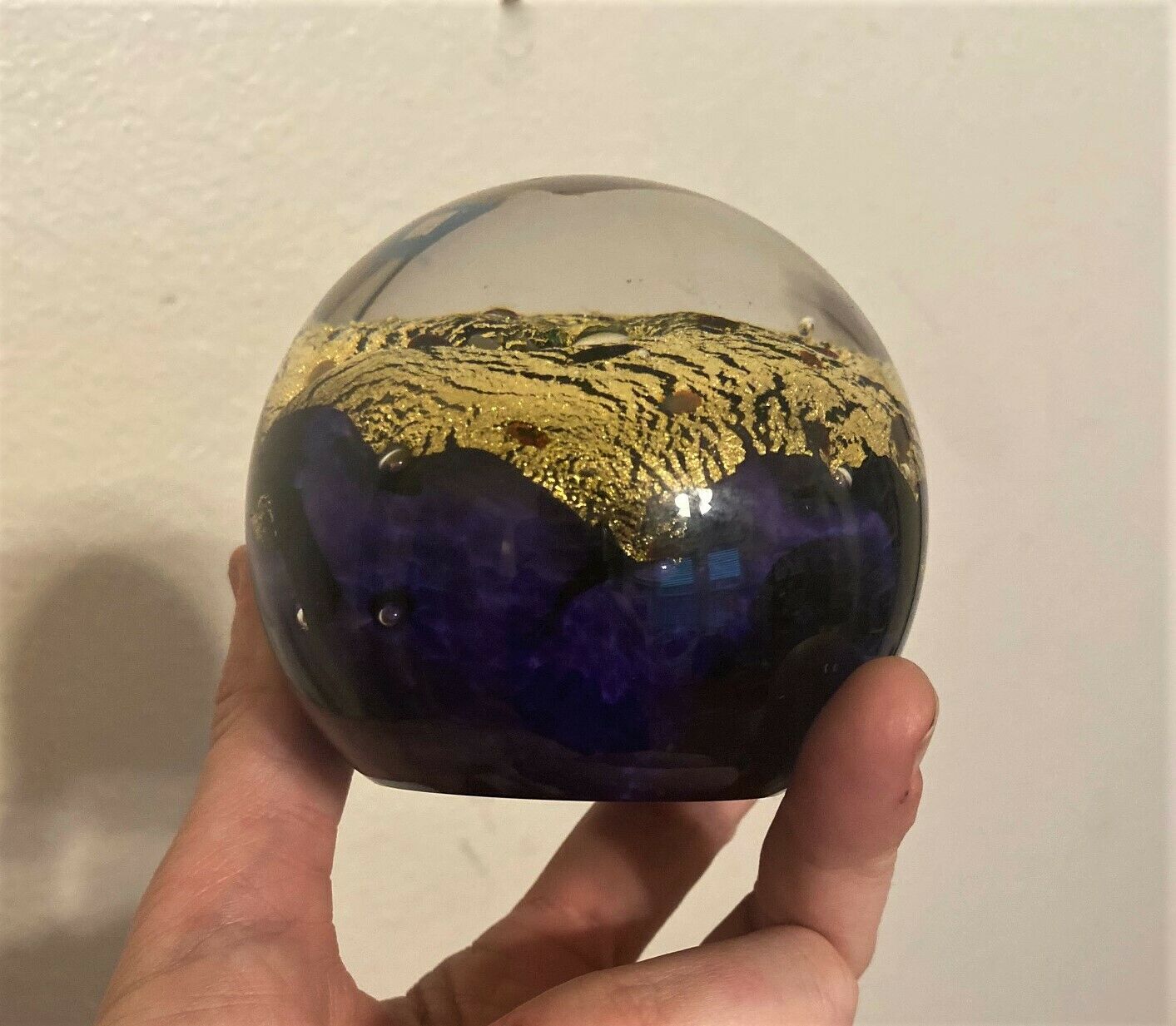 Signed Art Glass Ball Paperweight - Robert Held - Purple & Gold - 3.5"