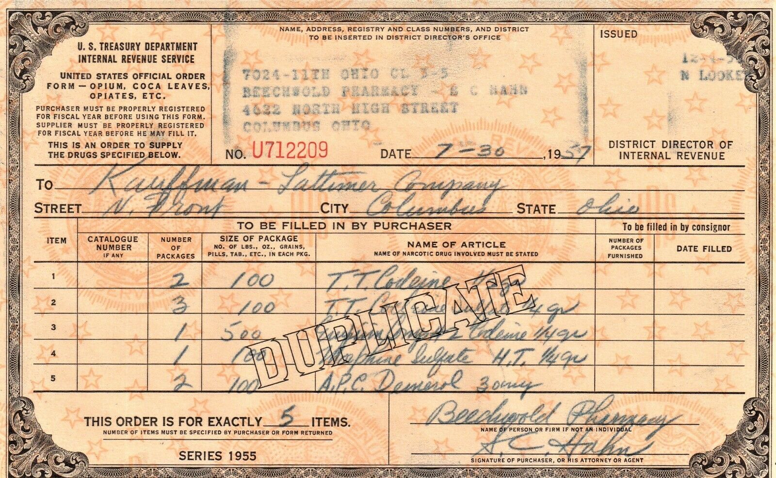 Vintage Opium Demerol Order Pharmacy Doctor Dea History Form Columbus Oh Ohio
