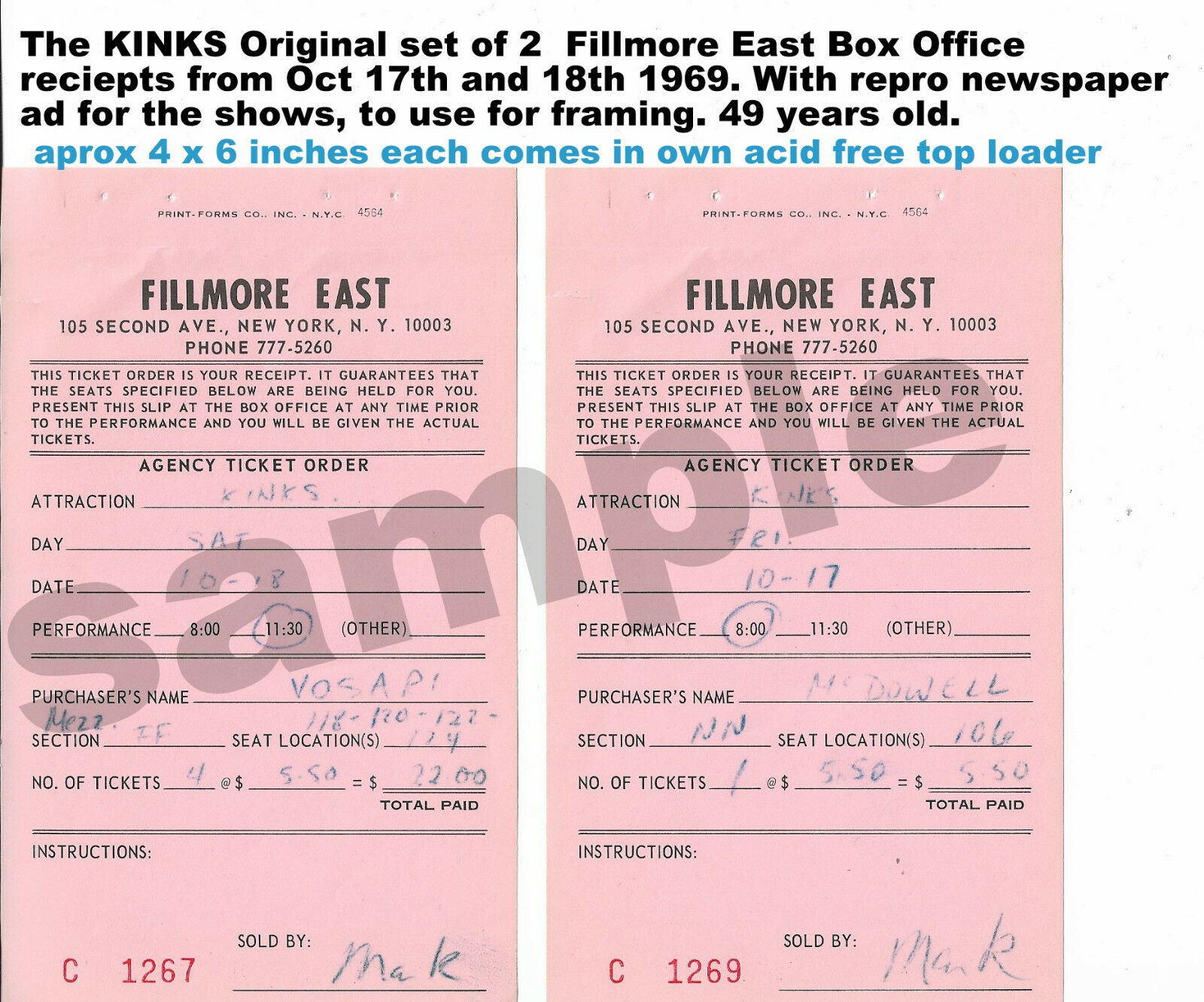 Fillmore East The Kinks Set Of 2 Original Box Office Receipts Oct 1969 + Ad Rare