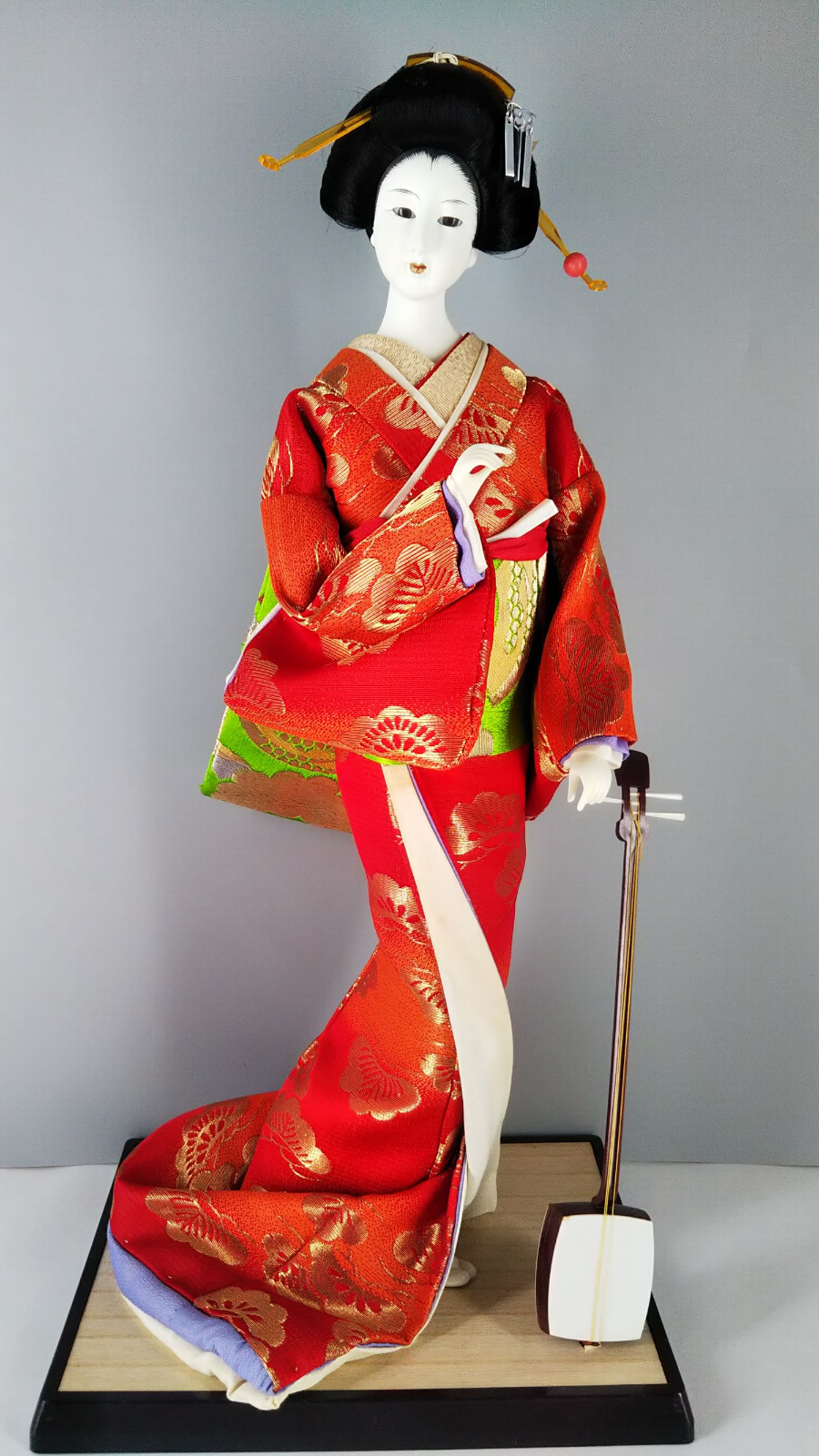 Antique Japanese Geisha Doll In Kimono 17" 43cm  Wooden Base Traditional Figure