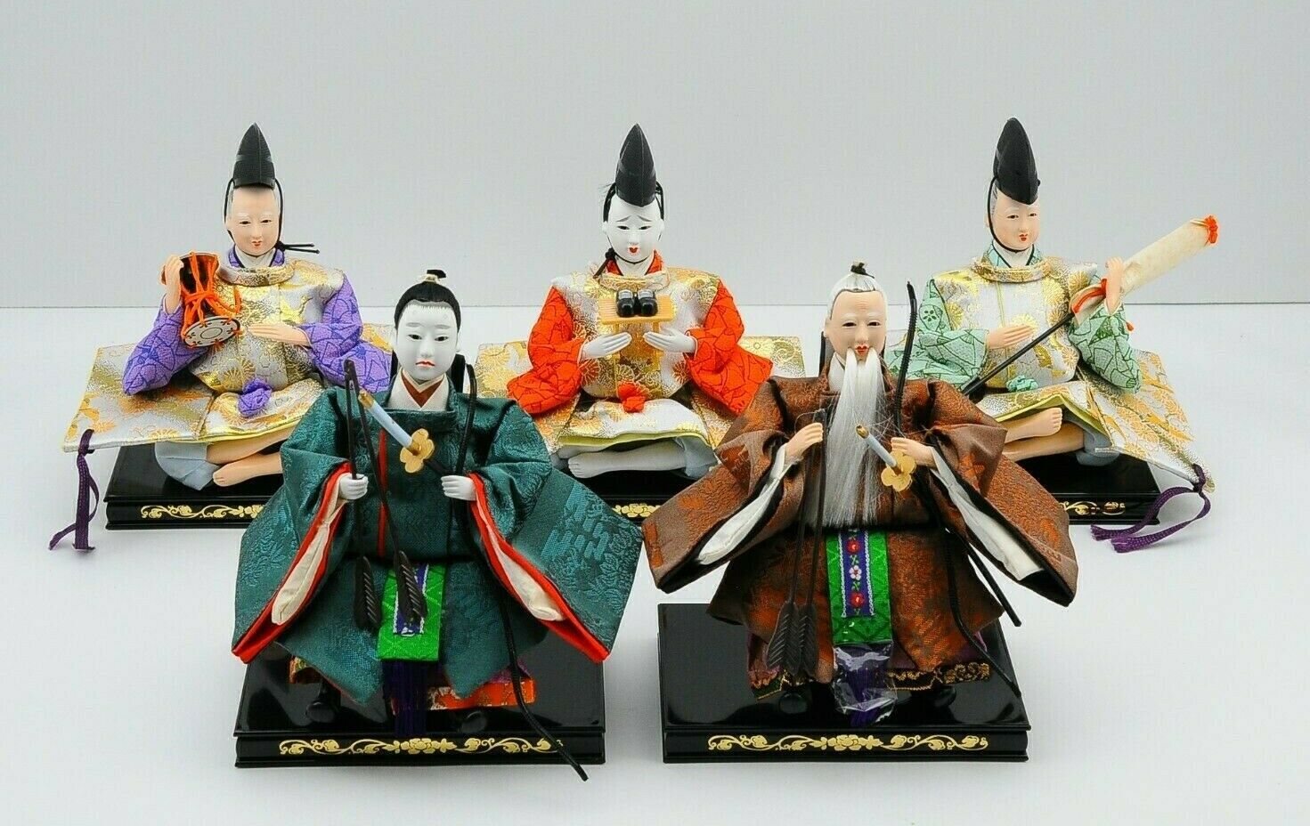 Lot 5 Vintage Japanese Samurai Warrior Dolls With Bow & Row Figure Emperor Doll