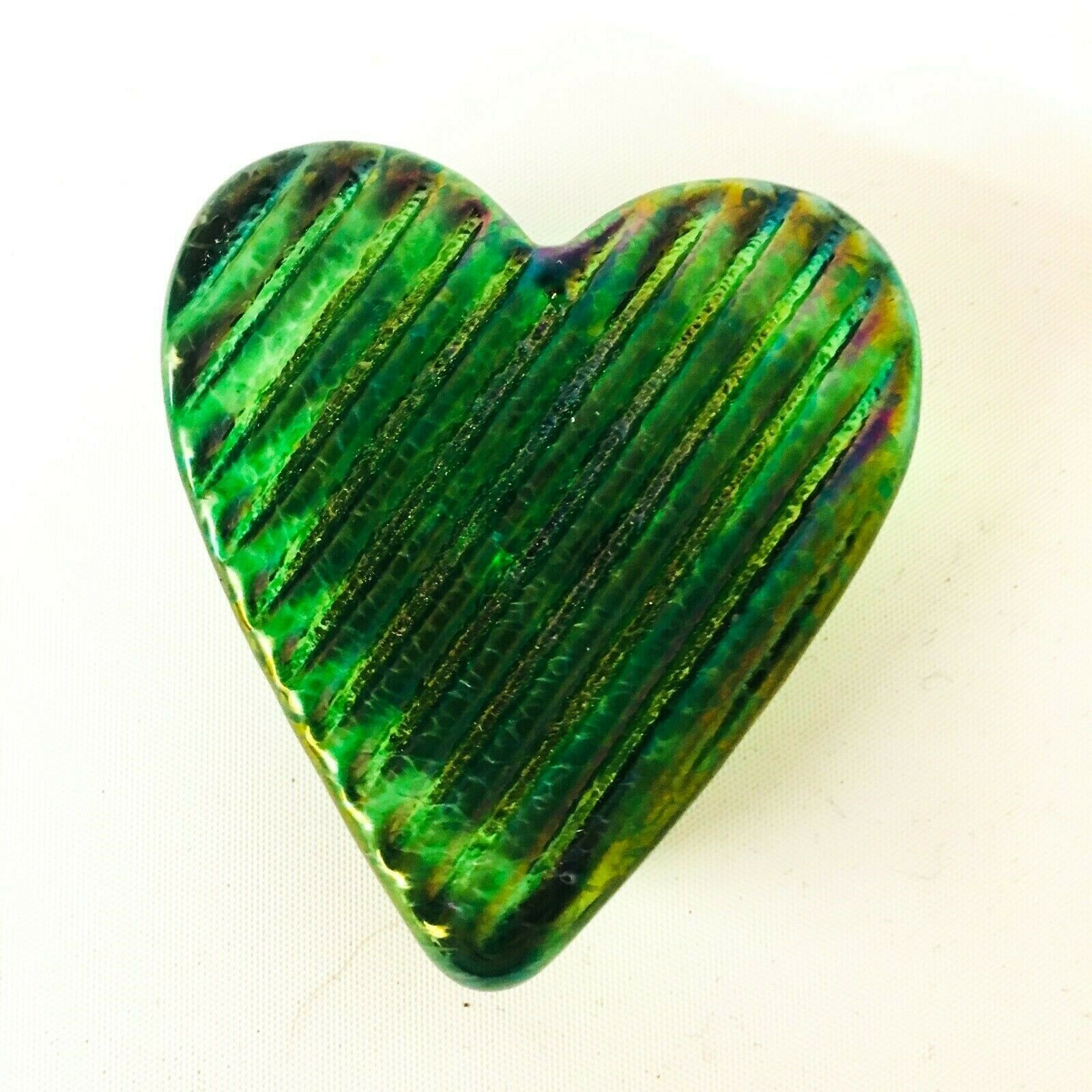 Vintage Robert Held Art Glass Heart Paperweight Green Lines Signed