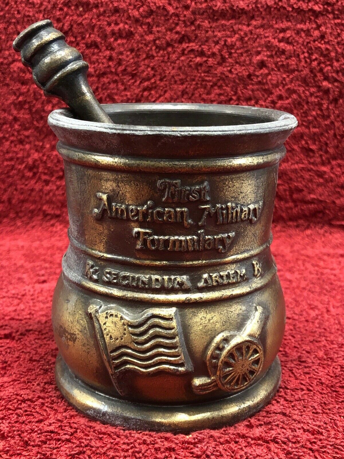 First American Military Mortar and Double Handle Pestle Brass Bronze, c. 1983