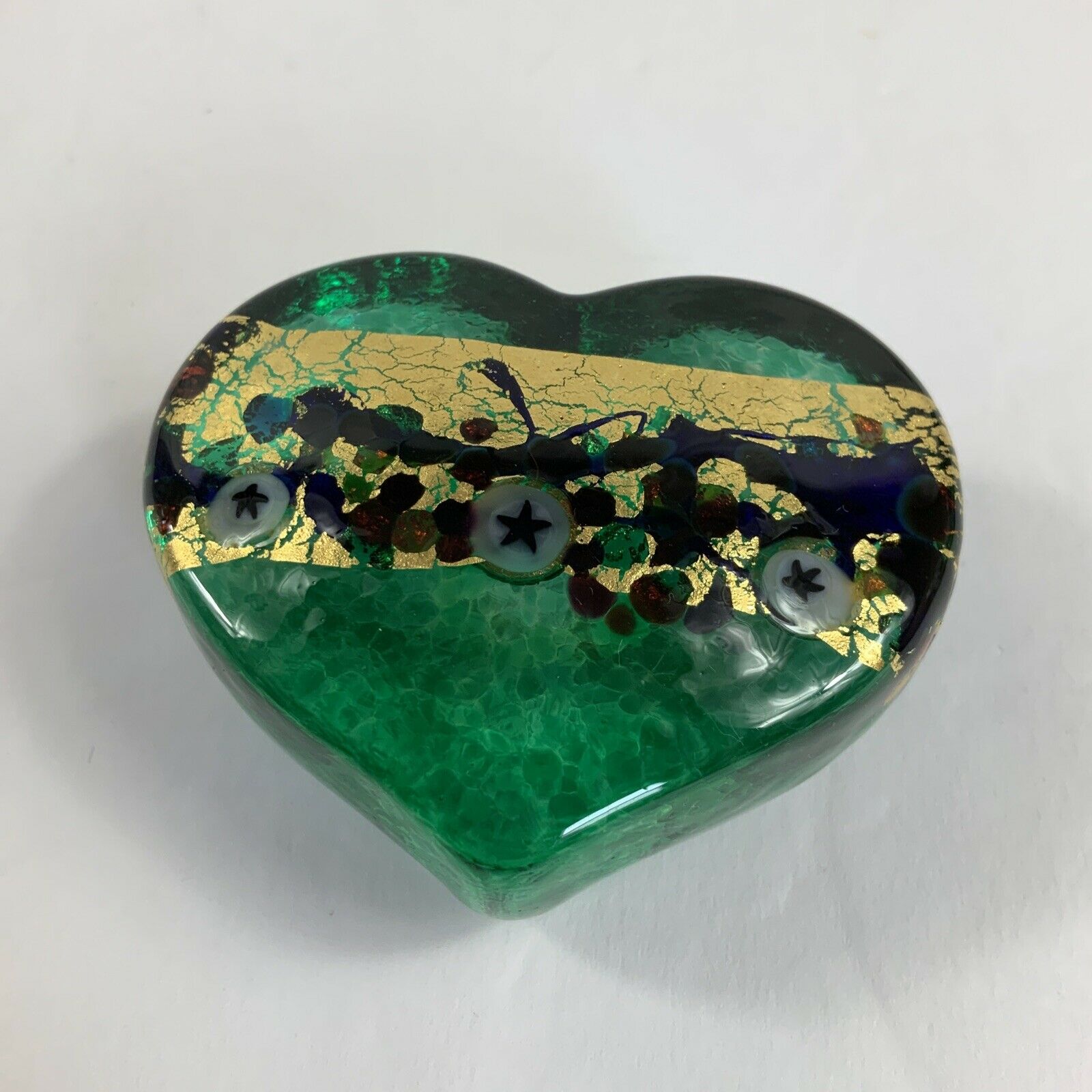 Robert Held Signed Art Glass Heart Shaped Paperweight Green With Gold