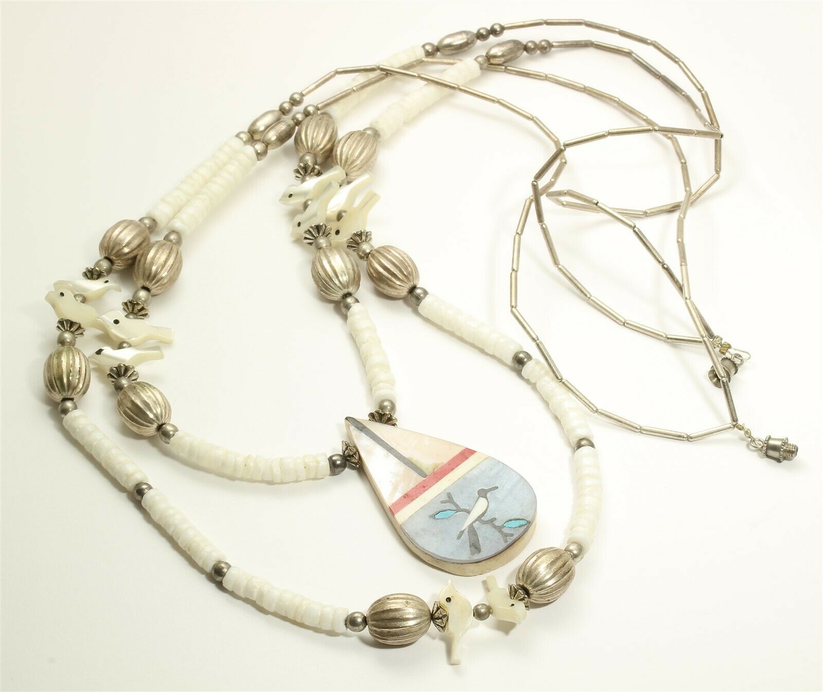 Vintage Southwestern 2-strand Bird Fetish & Zuni-style Inlay Pendant Necklace