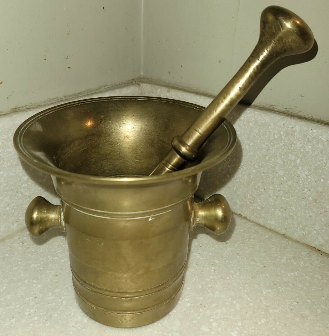 Antique vtg. Mortar Pestle Large Brass No. 0 Apothecary Matching Very Heavy