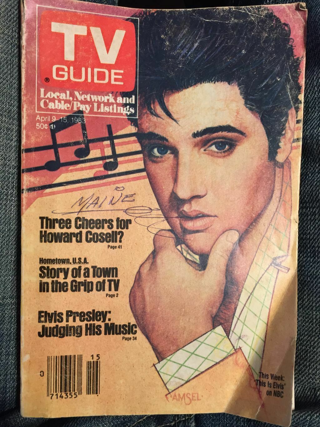 1983 Tv Guide This Week This Is Elvis On Nbc April 9-15 Writing Front Bent Pages