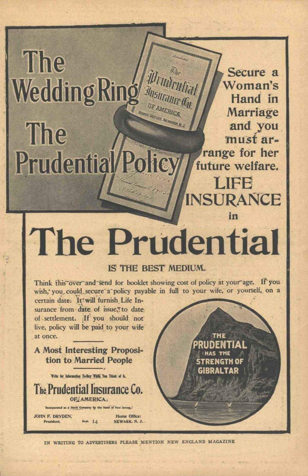 1906 Prudential Life Insurance The Wedding Ring Strength Of Gilbraltar Old Ad