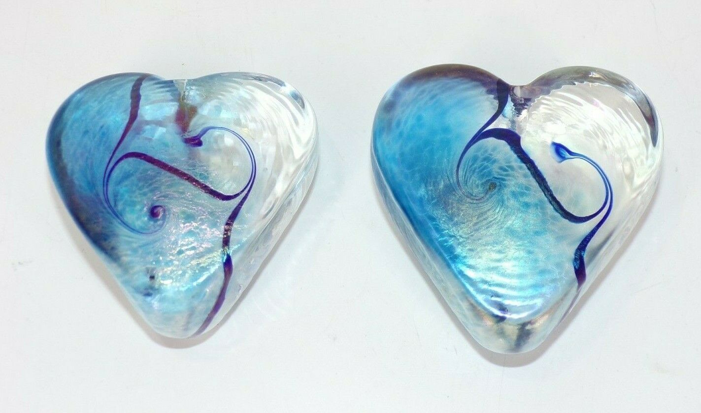 2 Vtg Signed Robert Held Art Glass Heart Shaped Paperweight Vgc Original Sticker