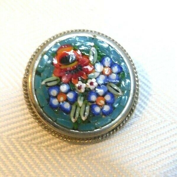 VNTG MICRO MOSAIC ROUND SILVER BROOCH GREEN FLORAL INTRICATE DETAILING~#7