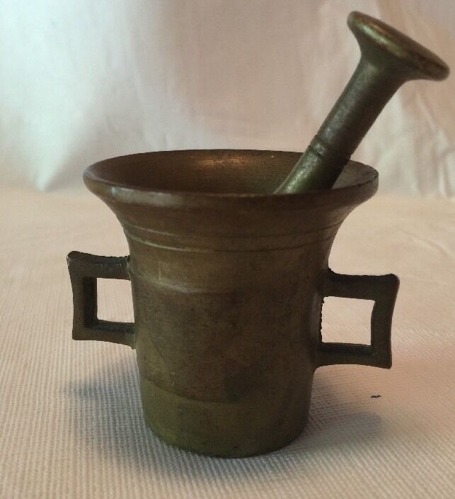 Antique Small Brass Handled Mortar And Pestle From 19th Century