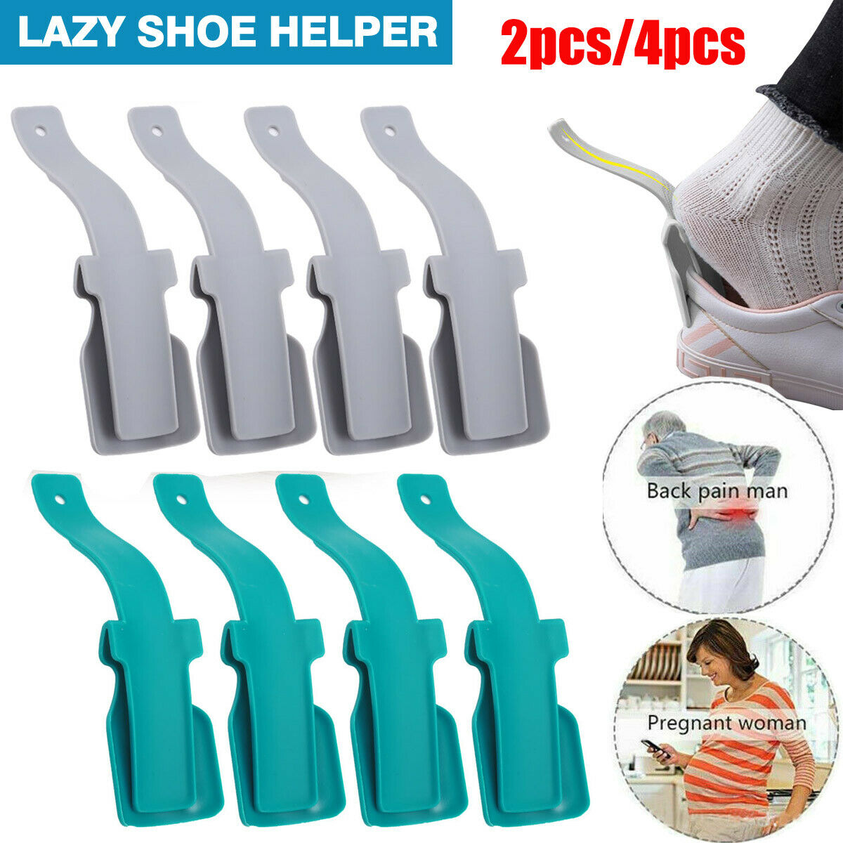 2/4 Pcs Unisex Lazy Shoe Helper Handled Shoe Horn Easy On & Off Lifting Helper