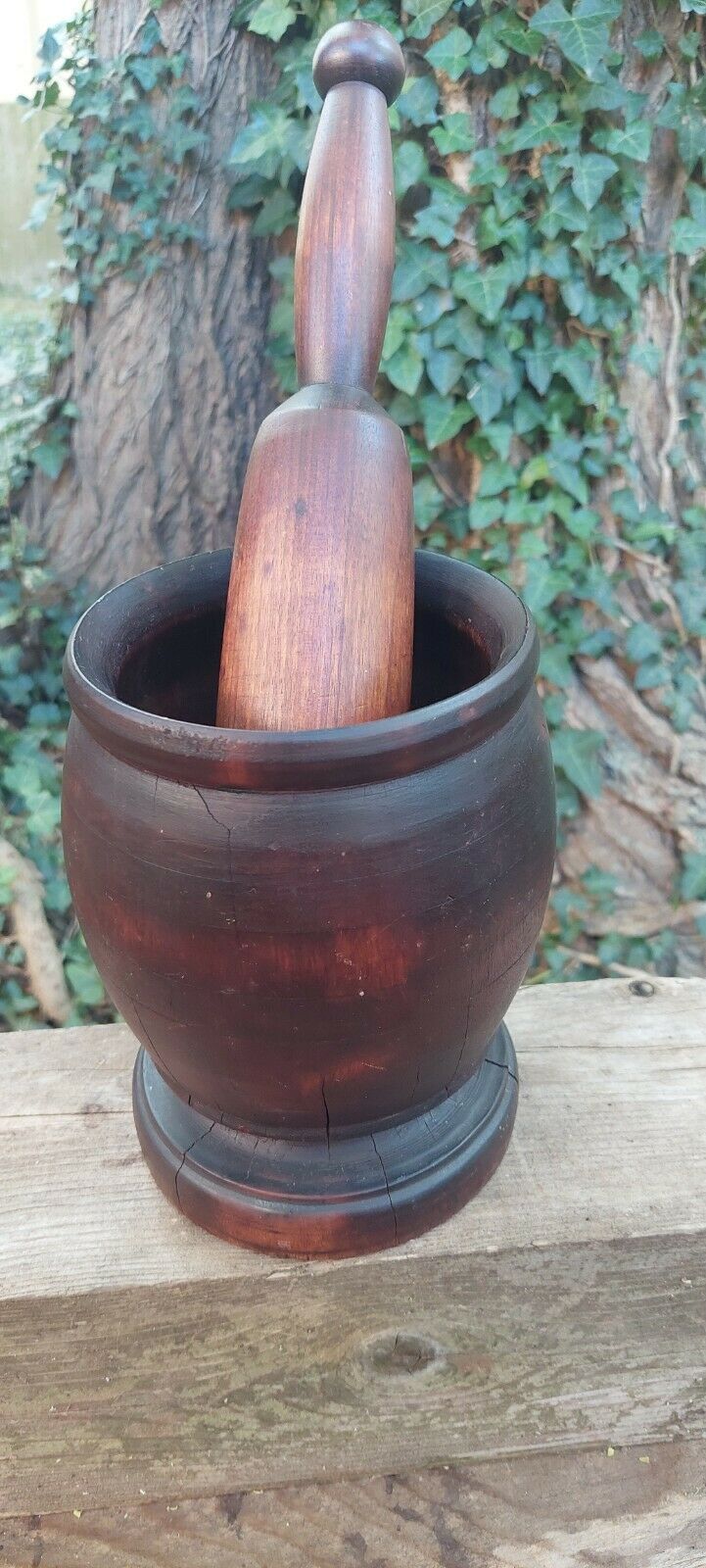Antique Turned Wood Mortar & Pestle Treen Primitive Apothecary Spices