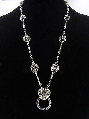 New Antiqued Silver Eyeglass Holder Necklace With Roses & Heart Pendant #z2030