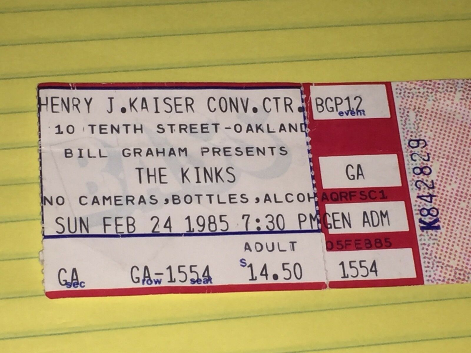 The Kinks Ticket Stub Sun Feb 24 1985 Henry J Kaiser Conv. Ctr. Bill Graham Pres