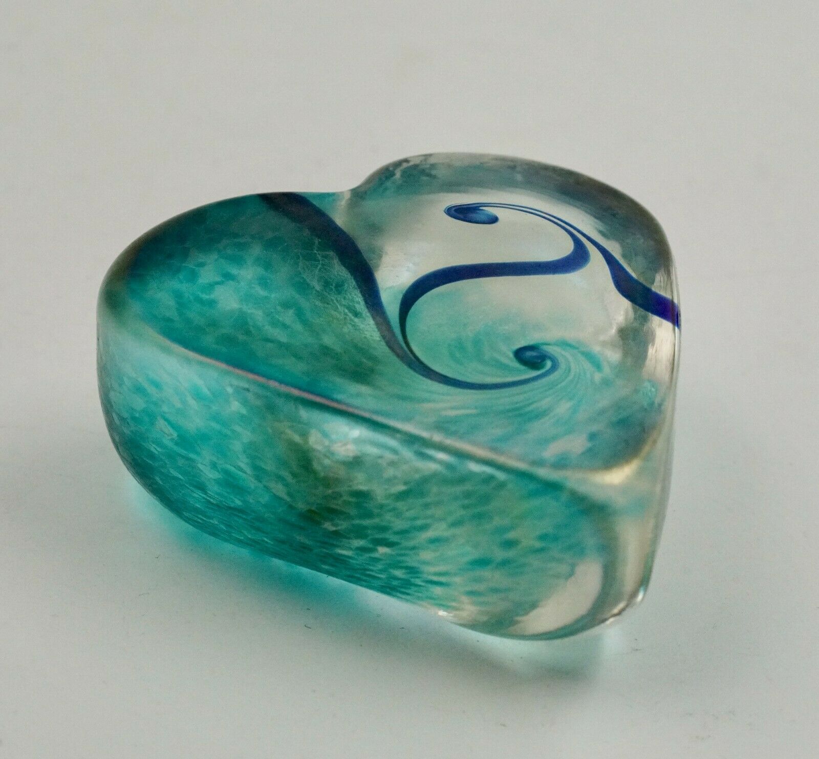 Vintage Blue Iridescent Art Glass Heart Shaped Paperweight Robert Held