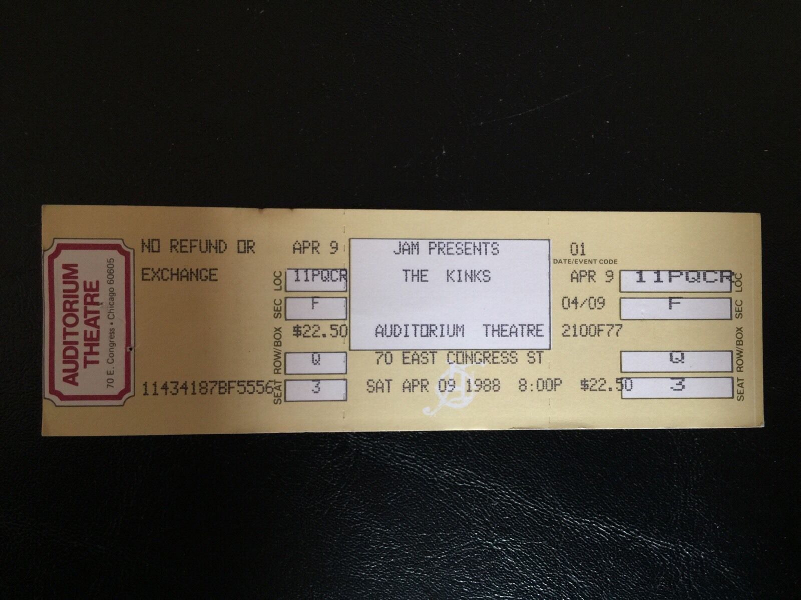 The Kinks Ticket - Unused - 4-9-1988 - Auditorium Theatre Chicago! (seat 3)
