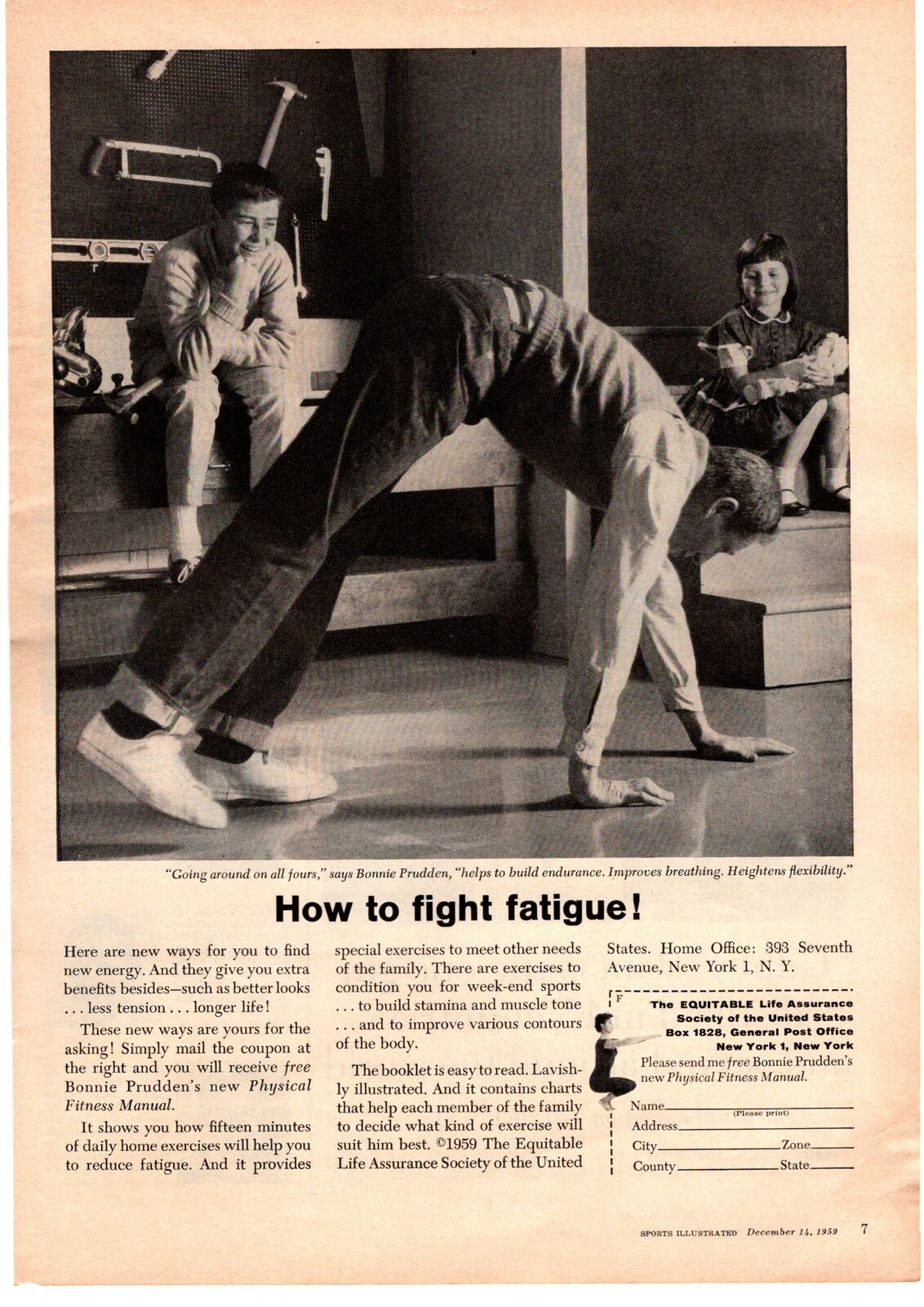 1958 Equitable Life "going Around On All Fours" Physical Fitness Manual Print Ad