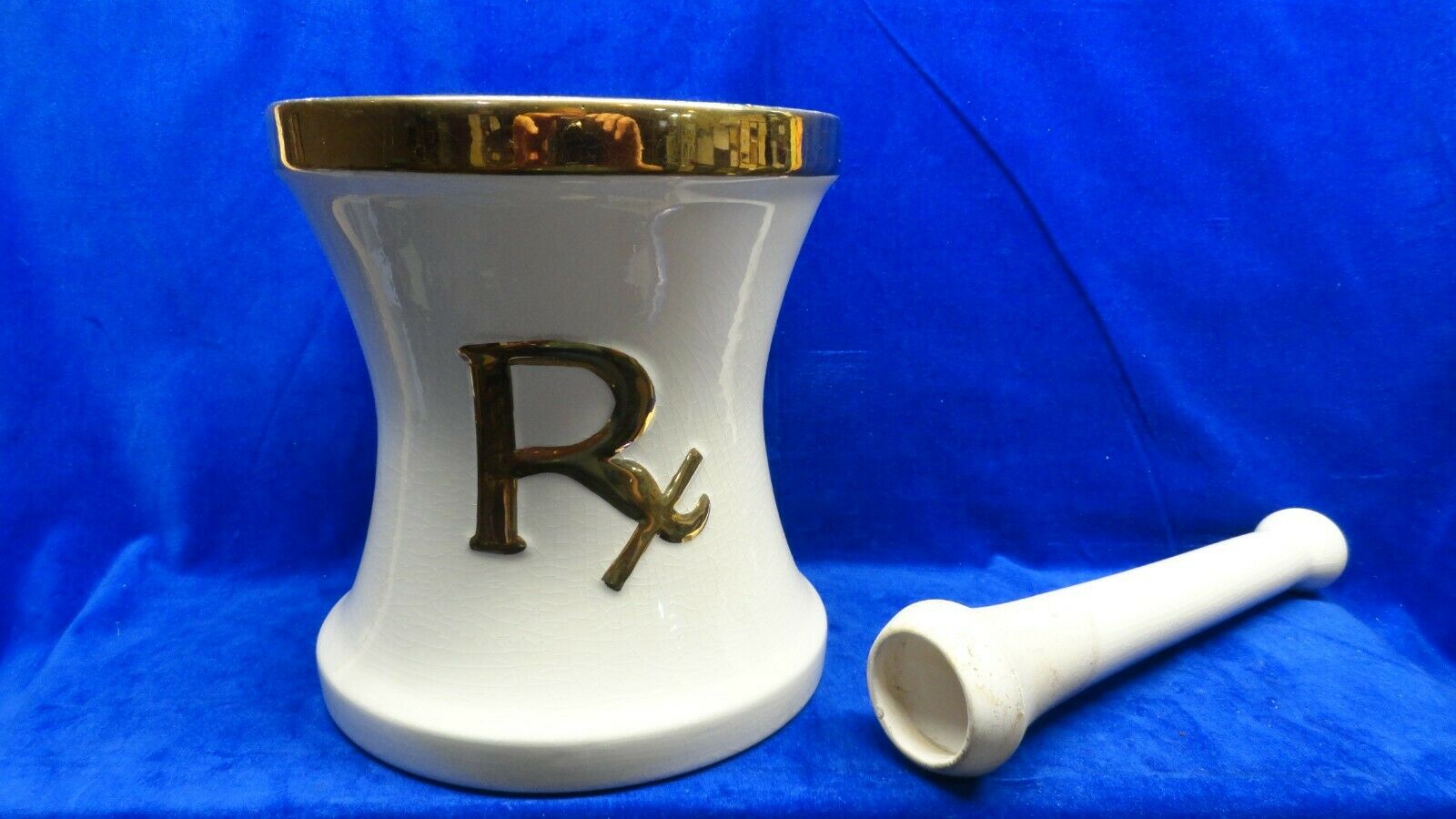 Antique Pharmacy Mortar Pestle Set Rex Ceramics 8" Big Heavy Solid Handle Gold