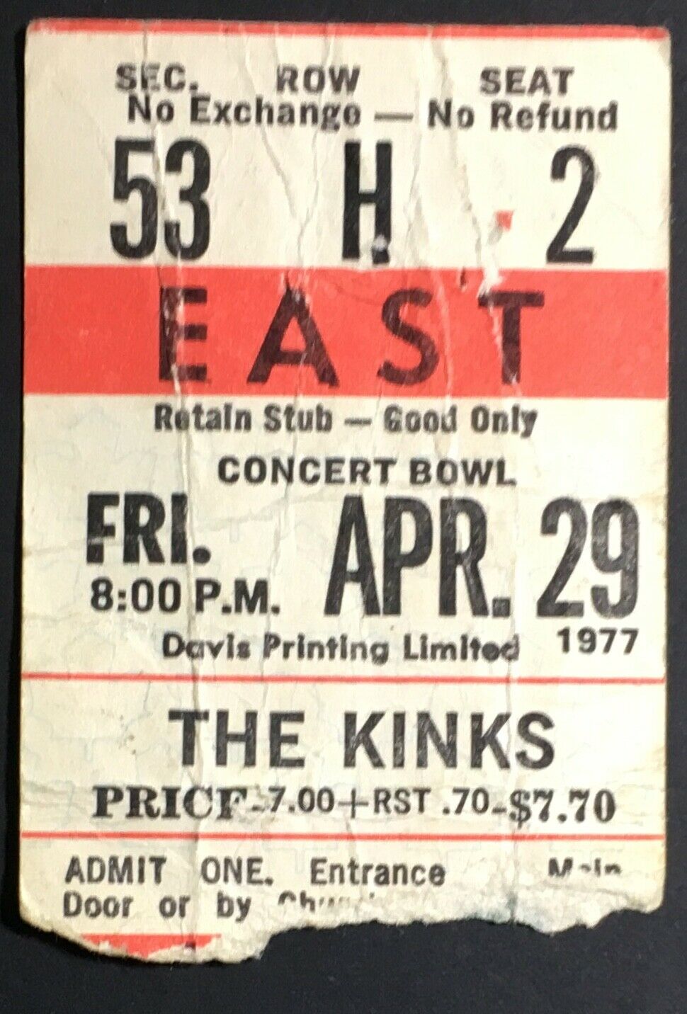 1977 The Kinks Maple Leafe Gardens Concert Ticket Stub Vintage Music Ray Davies