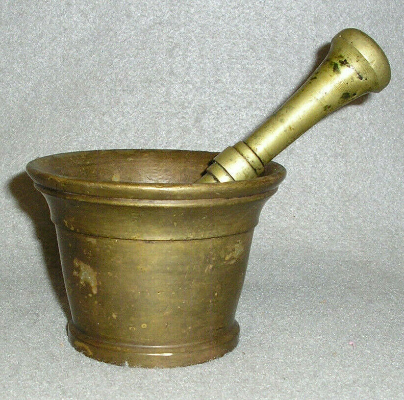 Antique Mortar and Pestle Brass Metal w/Patina Apothecary Pharmacy Alchemy