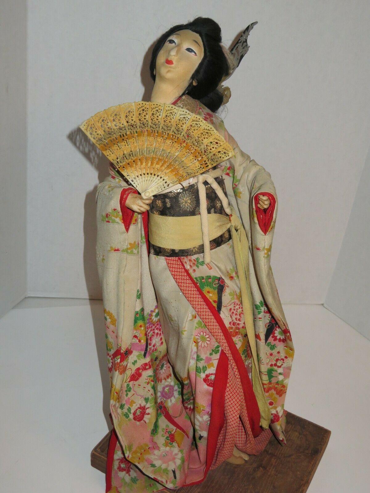 Vintage 1940's-1950's Geisha Girl Oriental Doll on Wooden Base