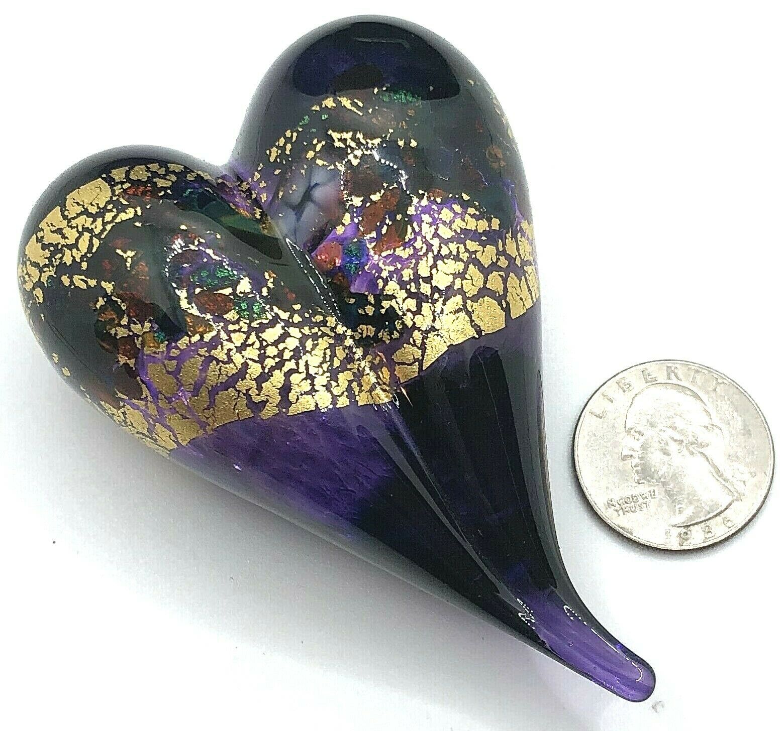 Signed Robrt Held Art Glass Purple & Gold Heart Paperweight