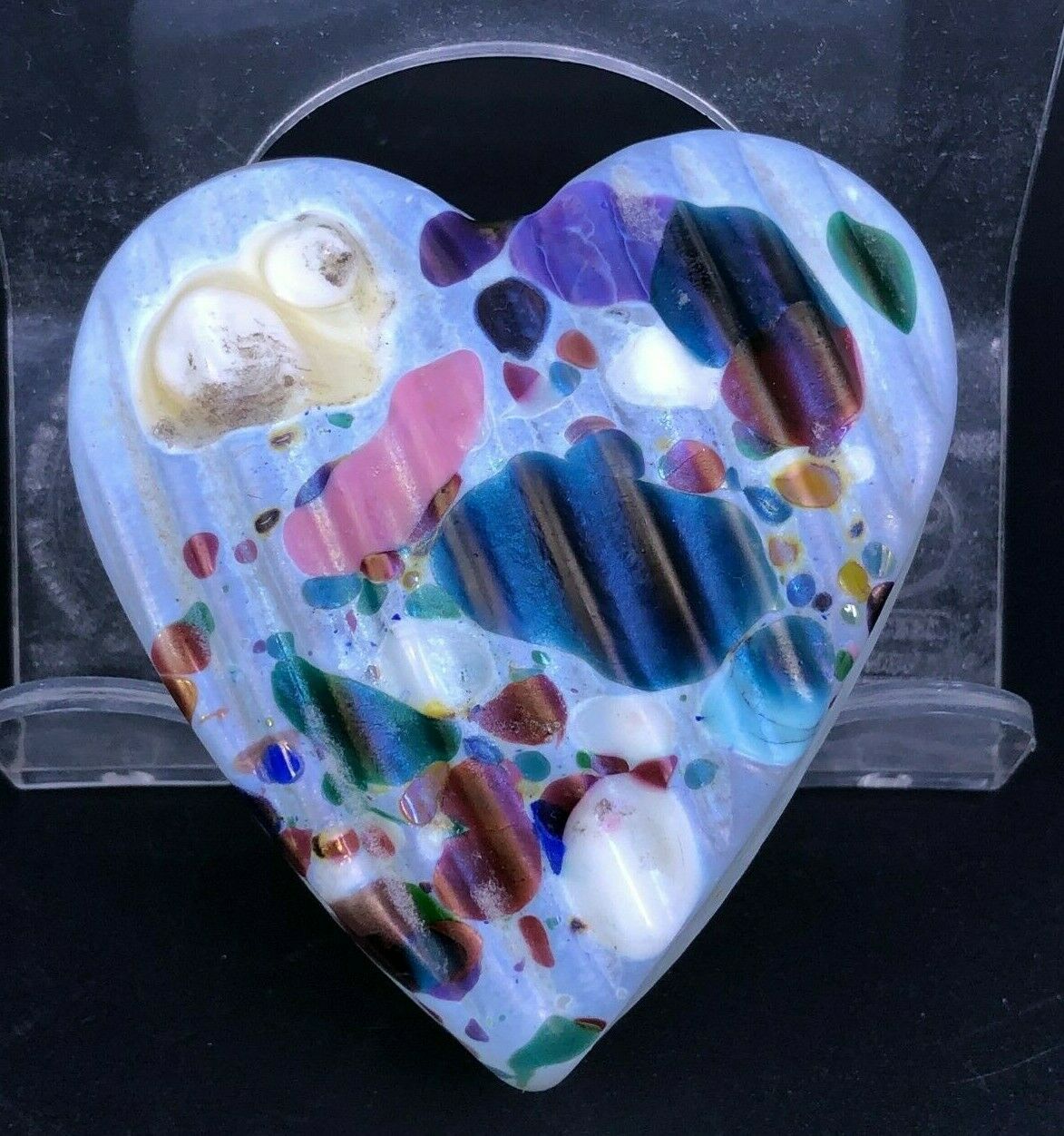 Robert Held Heart Shaped Paperweight Signed Ribbed Opaque Multi Color Inscribed