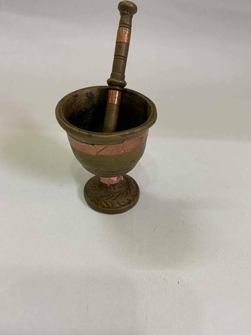 Antique Solid Copper Mini Etched Mortar And Pestle Apothecary Pharmacy Herbal