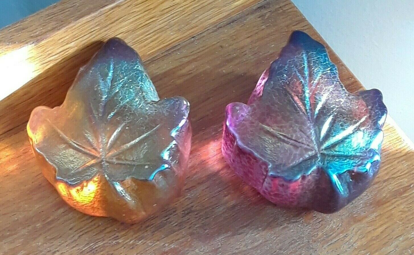 2 Robert Held Maple Leaf Iridescent Signed Paperweight