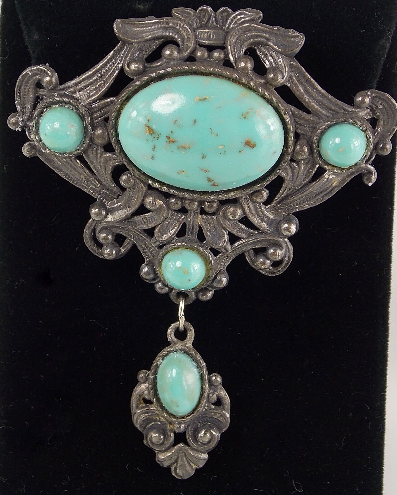 Victorian Style Pin in Pewter Faux Turquoise Stones Set in Beautiful Scrollwork