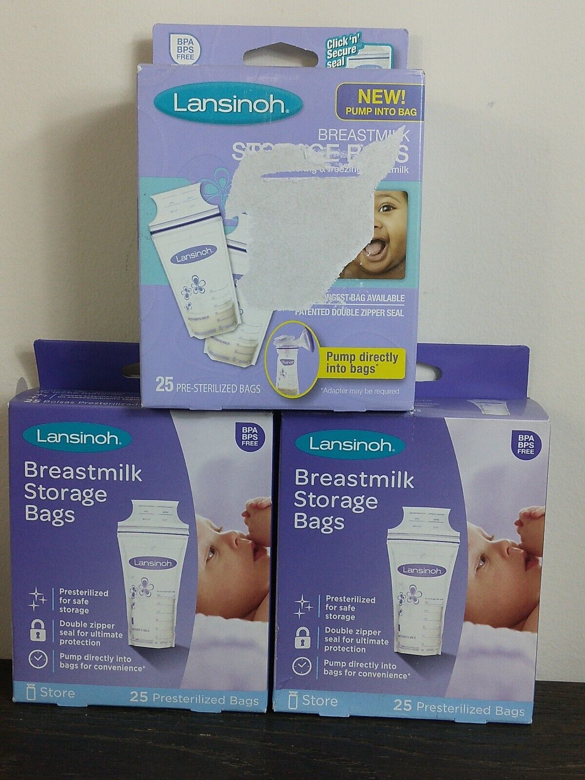 3  Lansinoh BPA Free Breastmilk Pre-Sterilized Storage Bags 25 Count Ea.