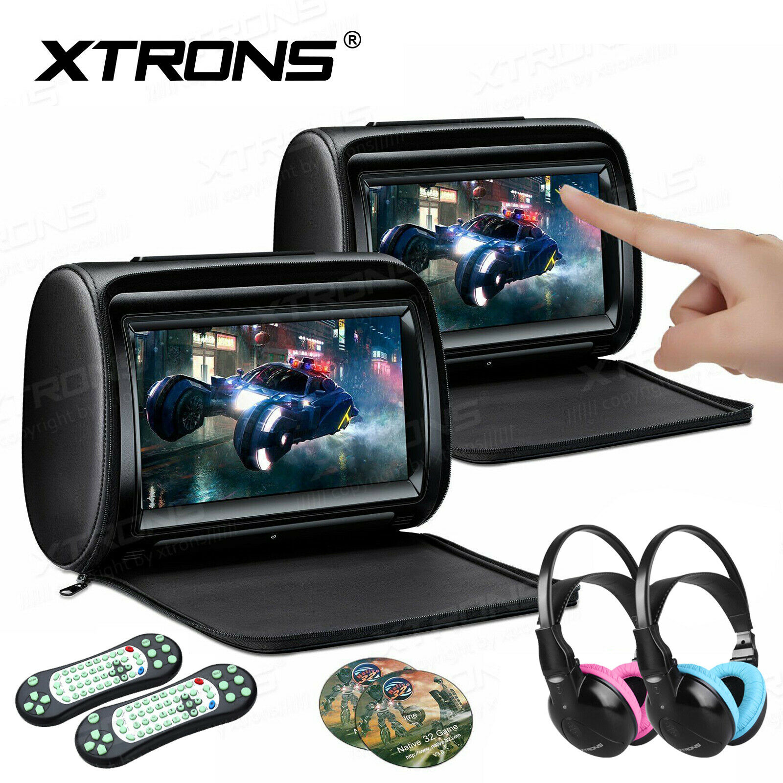 2x 9'' Touch Screen Car Pillow Headrest Dvd Player Monitors +kids Ir Headphones
