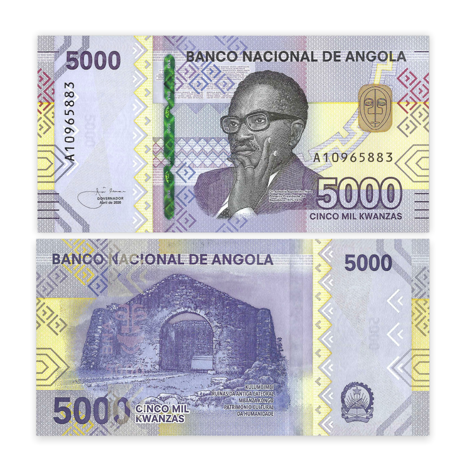 Angola 5.000 Kwanzas 2020 Unc, P-new, Prefix A, New Designed