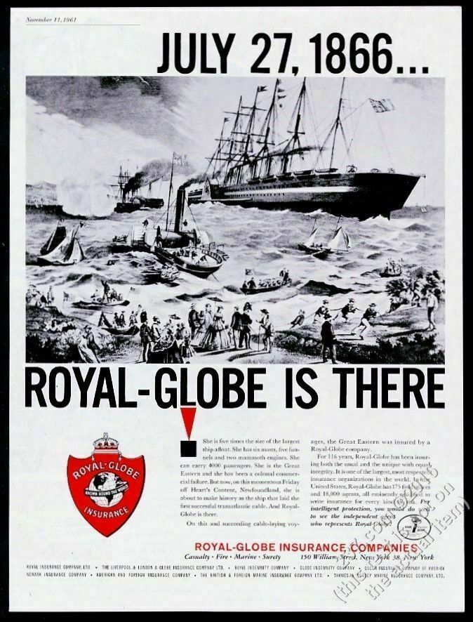 1961 Great Eastern Ship 1866 Art Royal-globe Insurance Vintage Print Ad