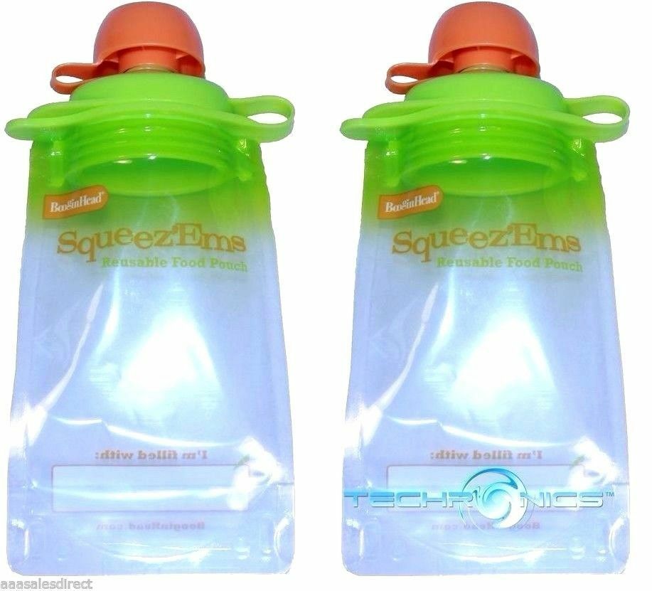 2 PACK BOOGINHEAD SQUEEZEMS TRAVEL EASY FILL SAFE BPA FREE REUSABLE FOOD POUCHES