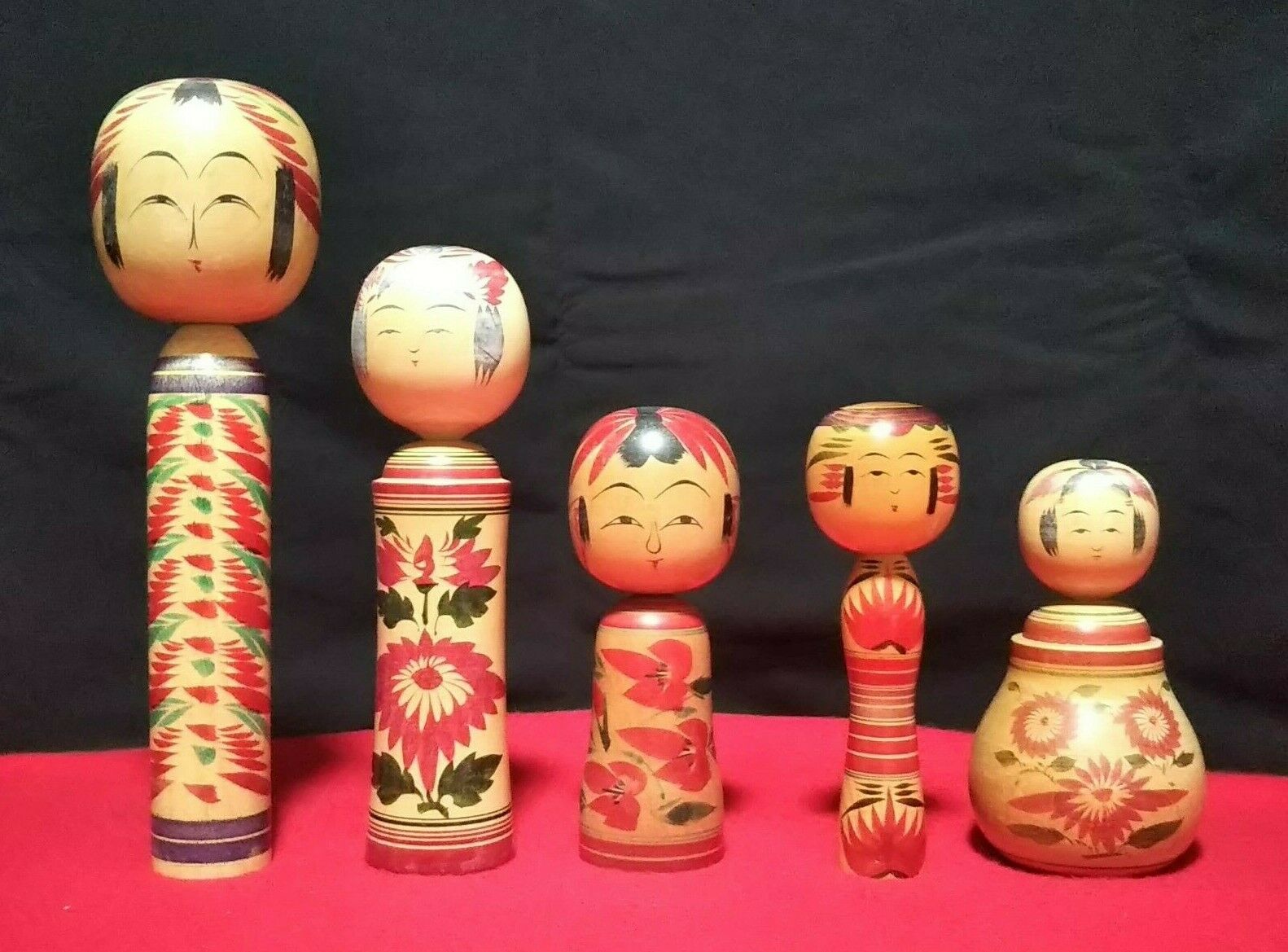 Lot 5 Vintage Japanese Wooden Kokeshi Dolls Creative Traditional Signed Big