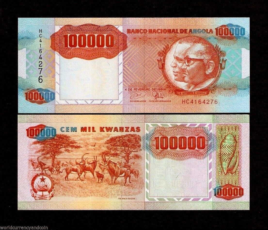 ANGOLA 100000 KWANZAS P-133x 1991 *Error UNC SABLE ANTELOPE CURRENCY ANIMAL NOTE
