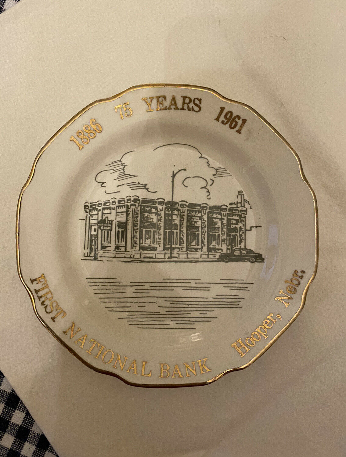 1885-1961 Vintage Commemorative Plate 75 Years, First National Bank, Hooper, Ne