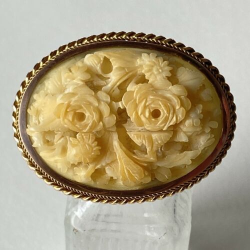 Antique Carved High Relief Floral Broach, Gold Plated