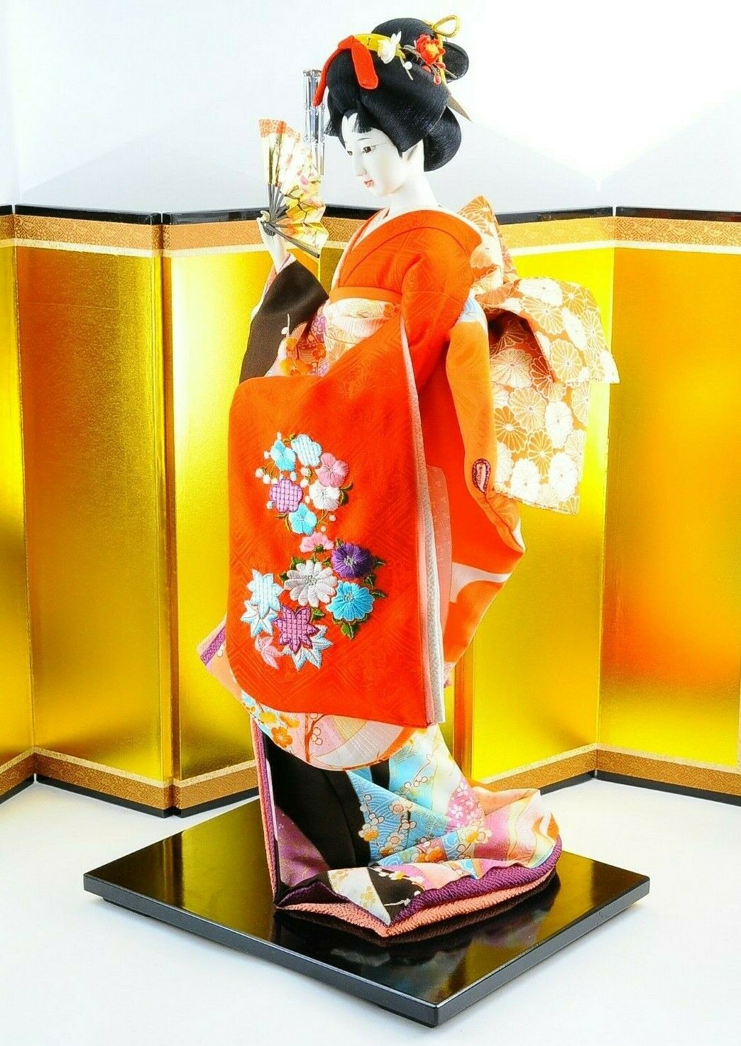 Japanese Geisha Doll In Kimono 22" 58cm Wooden Base Vintage Stunning Near Mint