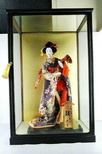 Mint Antique Japanese Geisha Doll In Silk Kimono 17" 44cm Glass Case Stunnig