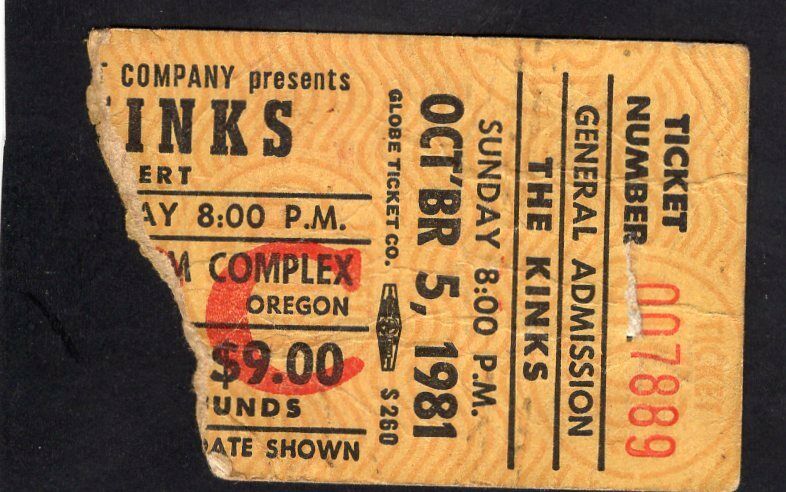 1981 The Kinks Concert Ticket Stub Oregon You Really Got Me Lola